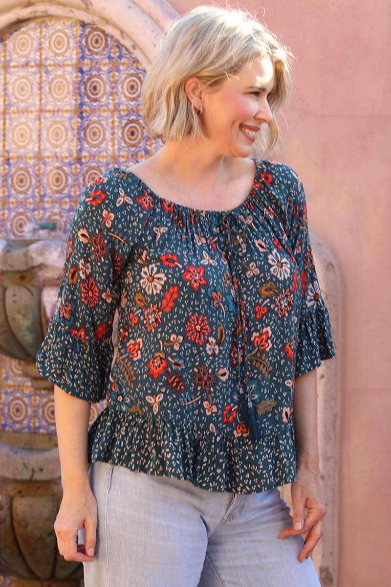 Nostalgia - Wholesale Blouse - Women's - N2R89-FQ73-FQ74 FLARE SLEEVE TWIN PRINT BLOUSE2