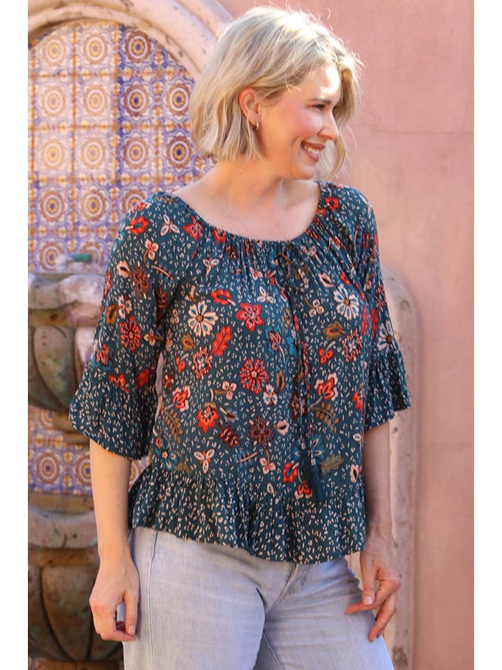 Nostalgia - Wholesale Blouse - Women's - N2R89-FQ73-FQ74 FLARE SLEEVE TWIN PRINT BLOUSE2