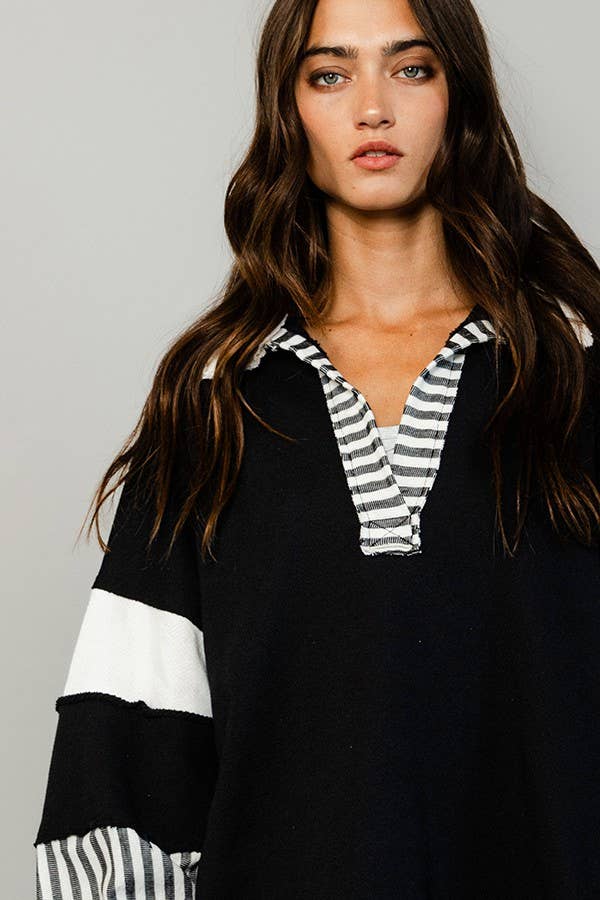 BUCKETLIST INC - Wholesale Knit Top - Women's - T2004 French Terry Knit Color-block Collared Loose Fit Top28