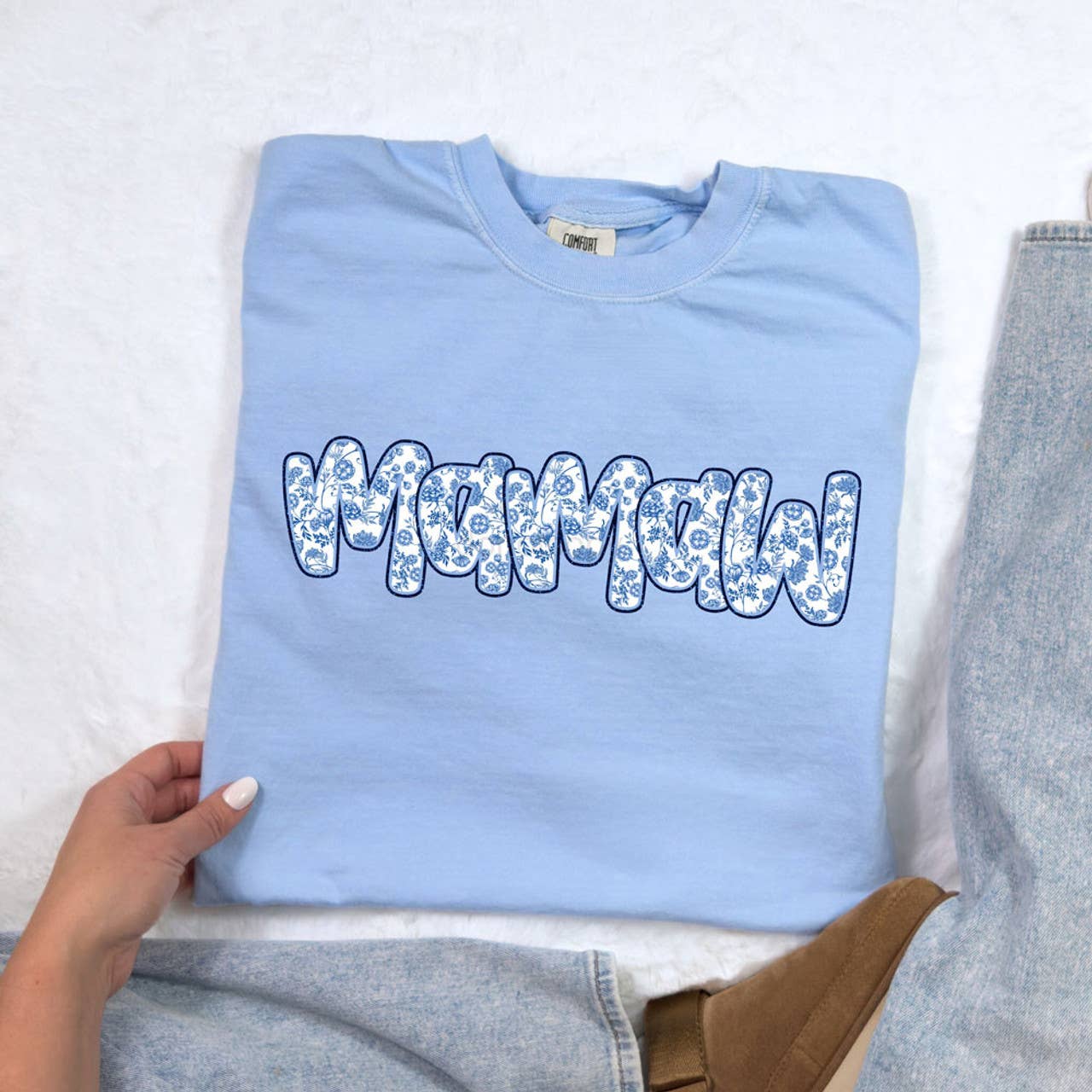 Trendy Transfers - Wholesale Sublimation Transfer - Mamaw Blue Floral Faux Glitter DTF Heat Transfer0