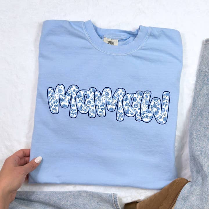 Trendy Transfers - Wholesale Sublimation Transfer - Mamaw Blue Floral Faux Glitter DTF Heat Transfer0