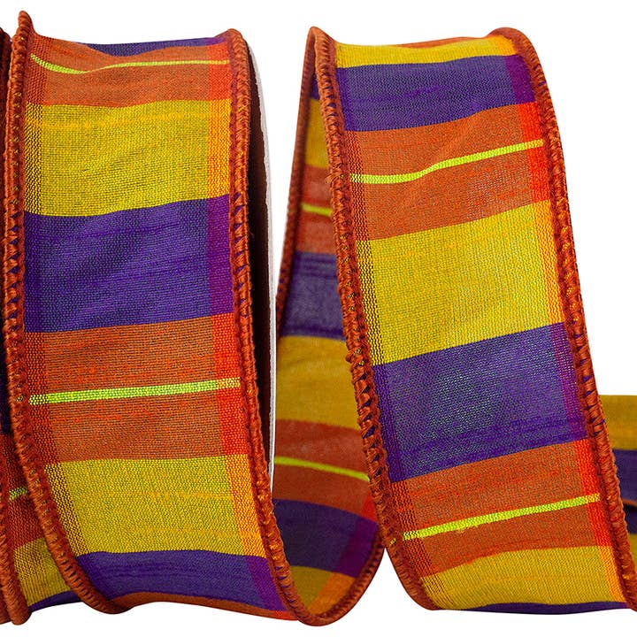 Charlotte Sunset Plaid Dupioni Wired Edge, Orange/purple for wholesale by RELIANT RIBBON