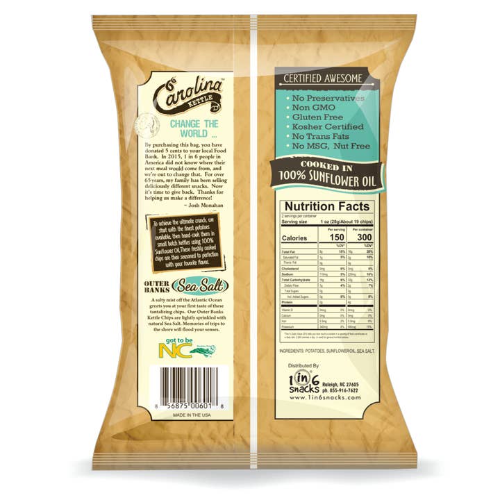 1 in 6 Snacks- Carolina Kettle chips - Wholesale Chips - Sea Salt Carolina Kettle Chips 2 oz Case (20)1