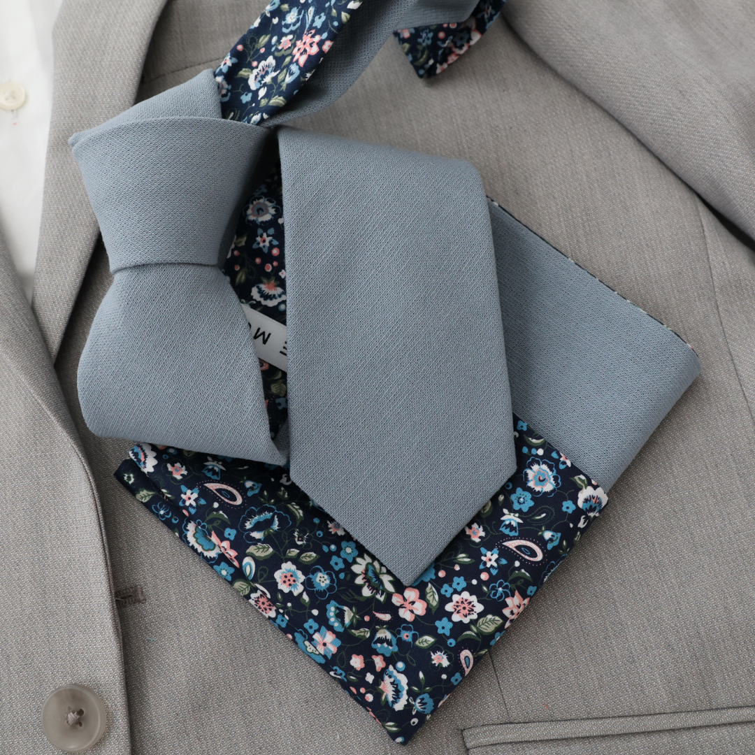 Tie Mood - Wholesale Necktie - Men's - Dusty Blue Solid Front with Floral Print Tail Tie3