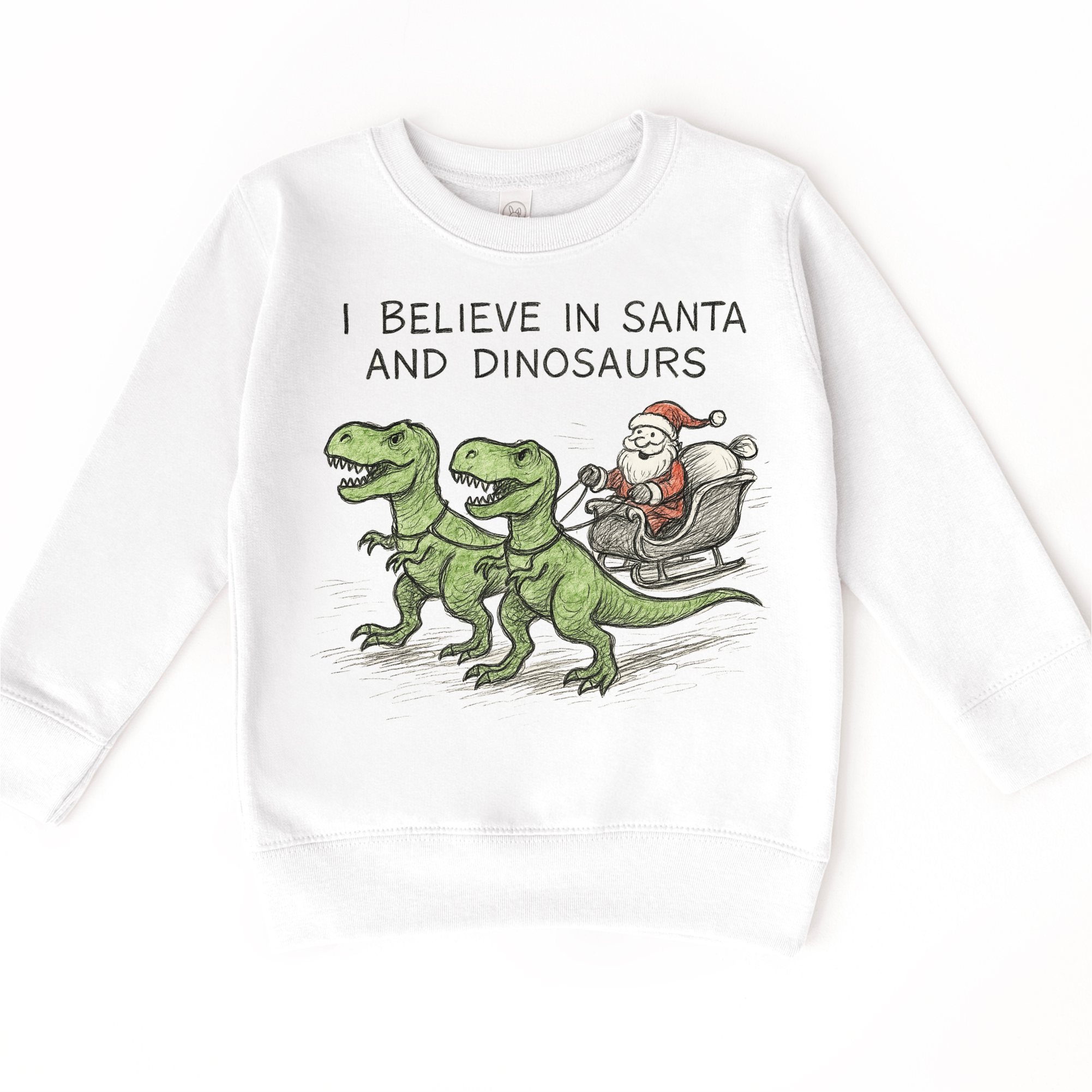 Madi Moosh - Wholesale Screen Printed T-Shirt - Kids - I Believe In Santa And Dinosaurs Christmas T-Shirt - Sketch Art Tee5