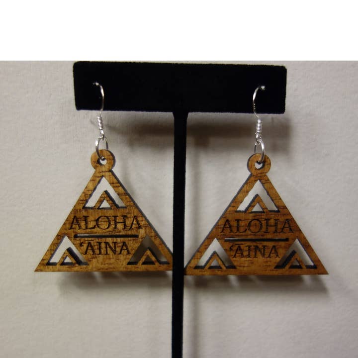 Aloha `Aina Triangle Solid Koa Wood Earrings for wholesale by Aloha Cuts