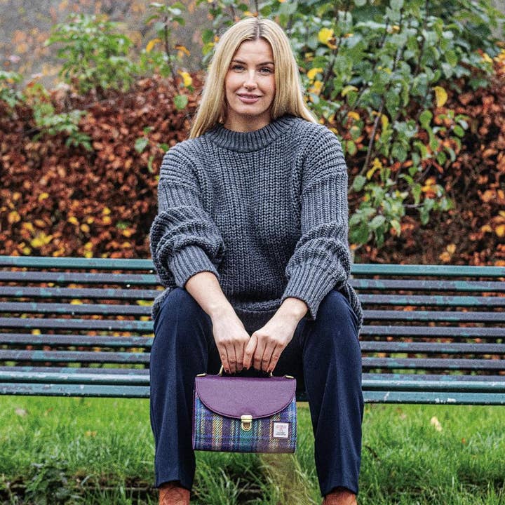 Harris Tweed Ladies Mini Day Satchel Bag Green Purple Plaid for wholesale by maccessori