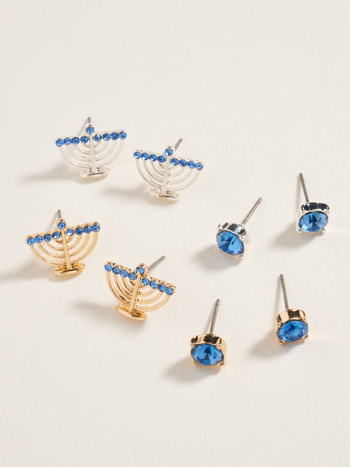 Menorah Blauw Strass 2-delige Set Oorstekers voor wholesale door Designature New York