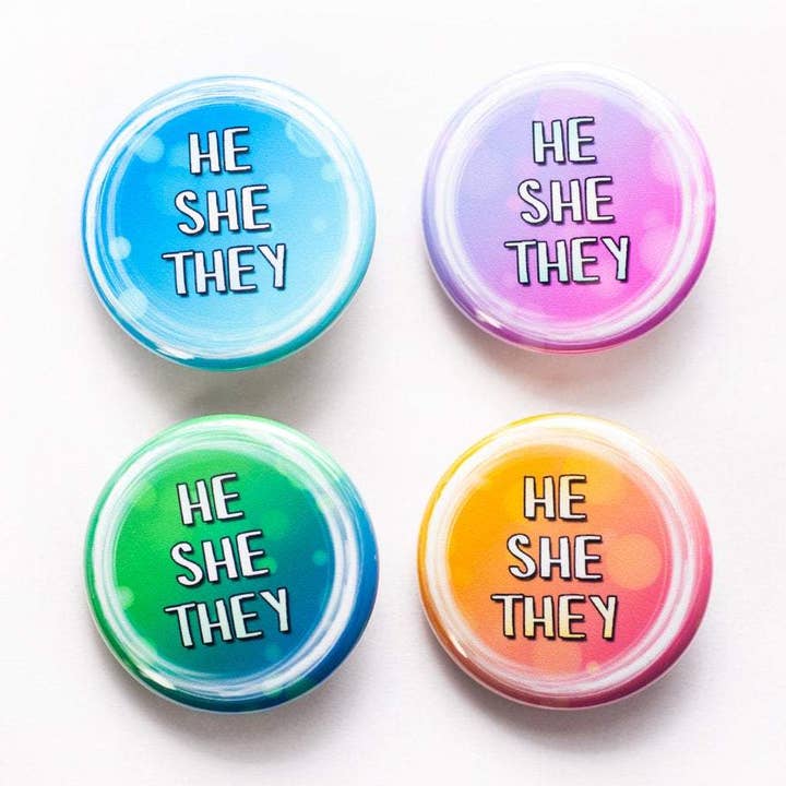 He/she/they pronoun pin / button for wholesale by Crafty Queer Studio