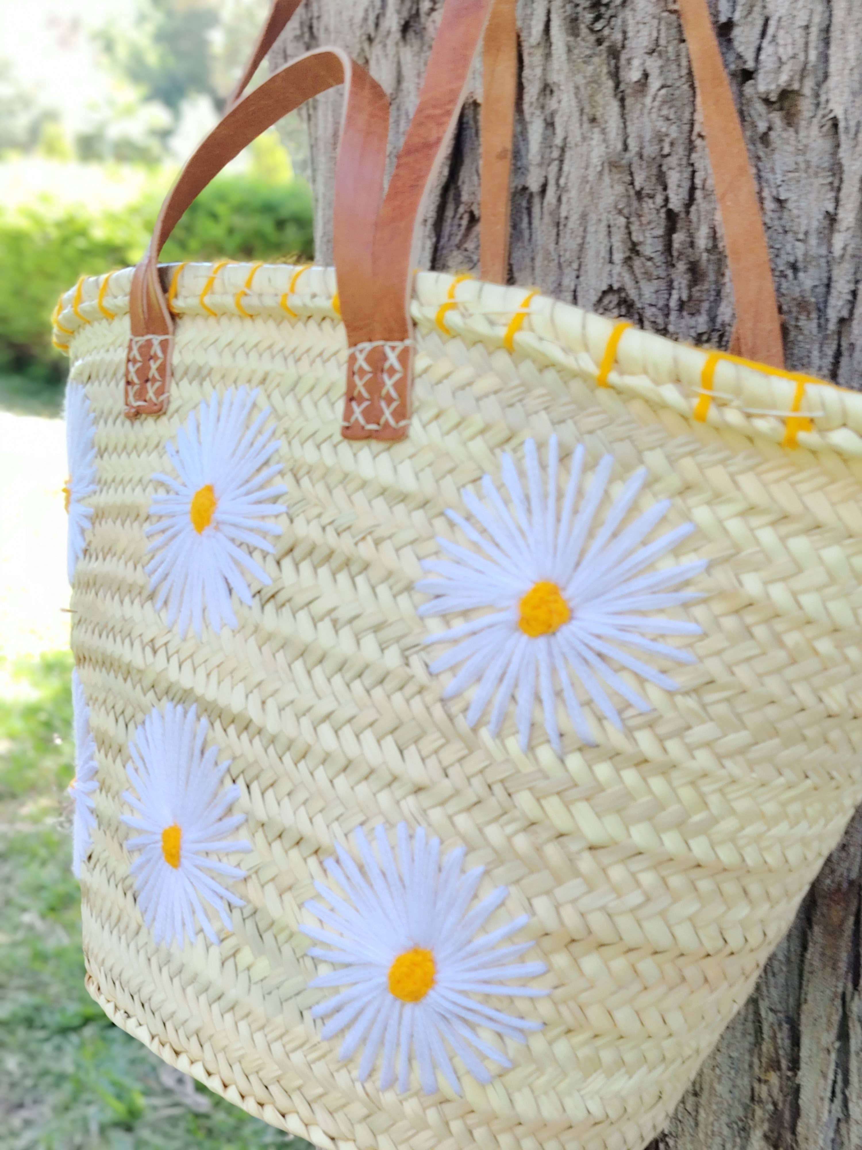 Twins Basket - Vente Sac de plage - Panier de marché en paille tressée à la main avec marguerites brodées13