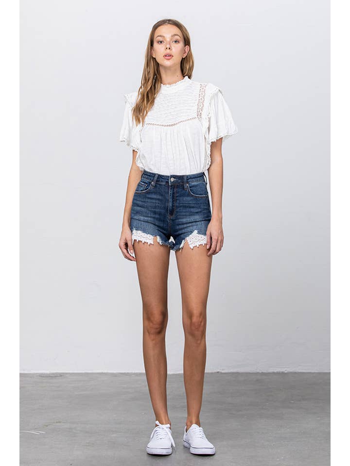 Insane Gene USA - Wholesale Shorts - Women's - High Rise Stretch Frayed Hem Lace Line Trim Denim Shorts