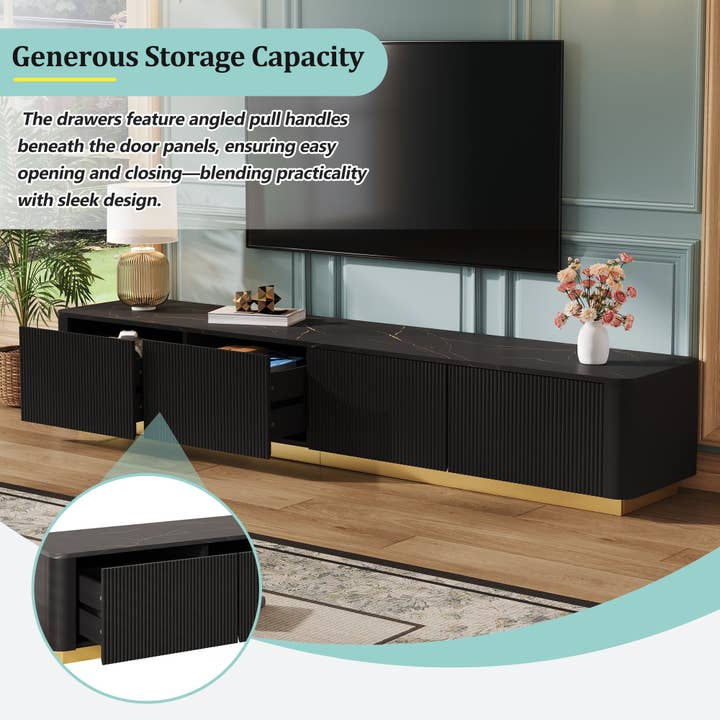 HOMYCASA DESIGN INC - Wholesale Console Table - ON-TREND Luxury Fluted TV Stand for TVs Up to 85', Faux Marble Tabletop Media Console with 4 Drawers, Curved Profile Design, Modern Entertainment Center with Gold Base for Living Room, Black4