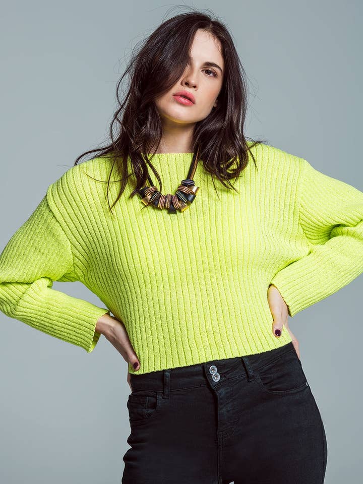Relaxed Ribbed Boat Neck Sweater in Lime Green for wholesale by Q2—All Orders:Free Duties for the US,UK,and Canada