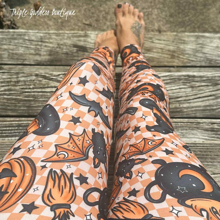 Halloween Leggings, Plaid leggings, Pumpkin leggings for wholesale by Triple Goddess Boutique