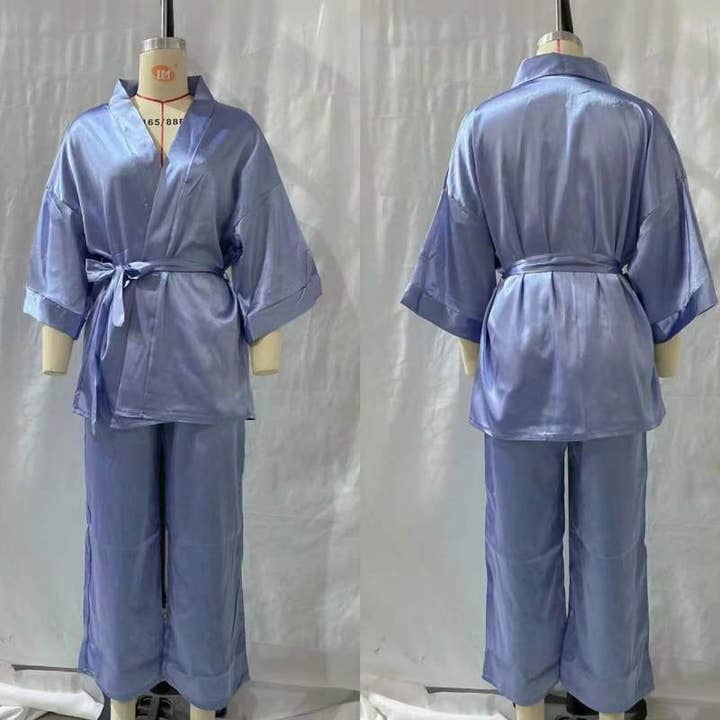 SALINA TRADING INC - Wholesale Sleepwear set – Women's - Women Solid Satin Long Sleeve Loose Lace-Up Pajamas Two Piece Set10