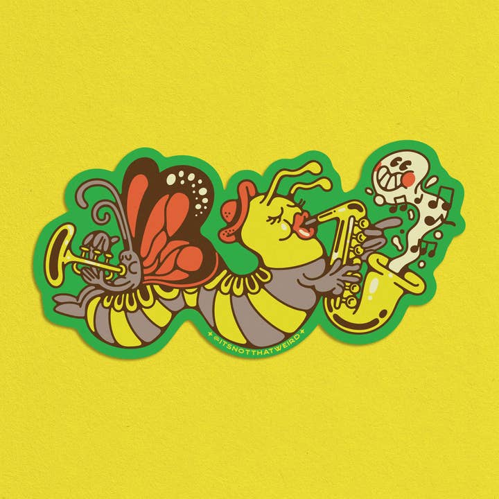 Caterpillar and Butterfly Jazz band vinyl sticker for wholesale by It's Not That Weird