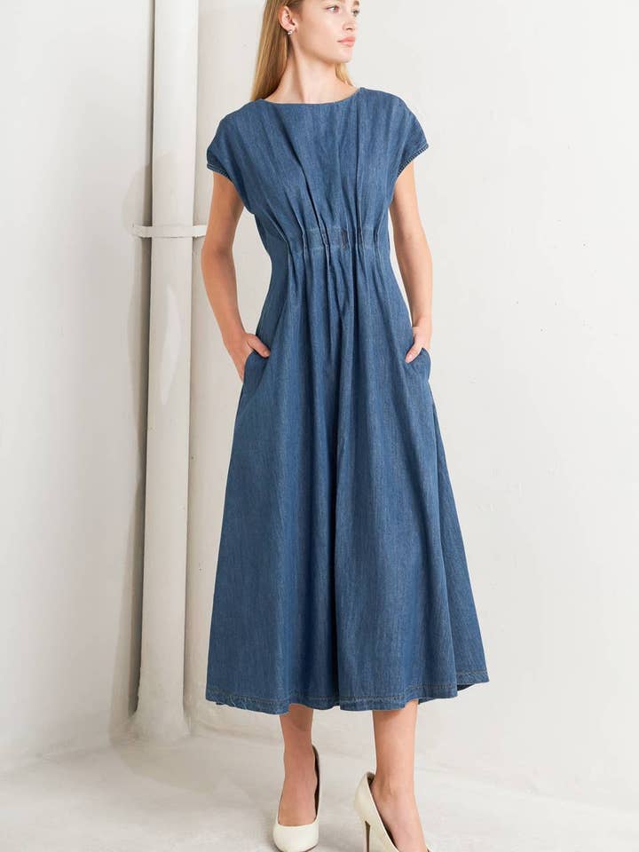 A washed denim midi dress - FD1858-D for wholesale by FLYING TOMATO