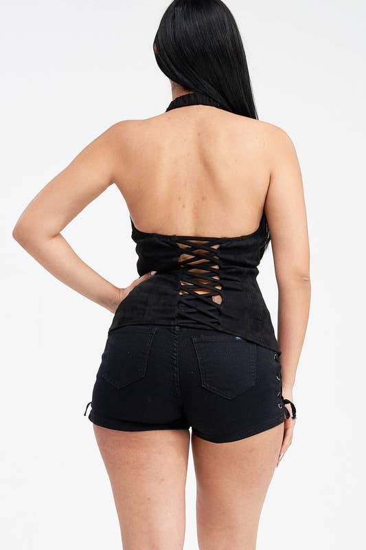 Lydia USA - Wholesale Blouse - Women's - Lace Up Collar Halter Suede Top17