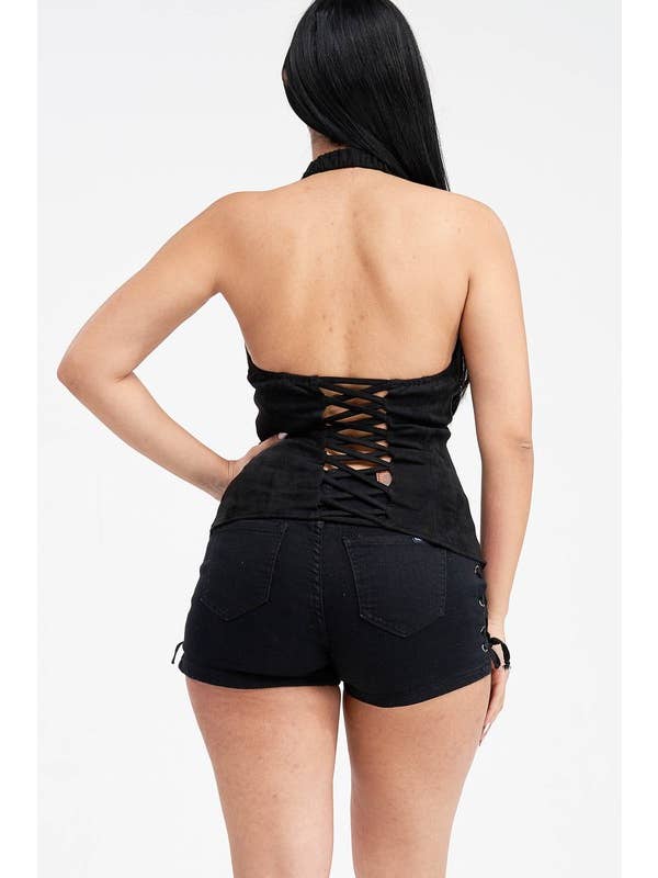 Lydia USA - Wholesale Blouse - Women's - Lace Up Collar Halter Suede Top17