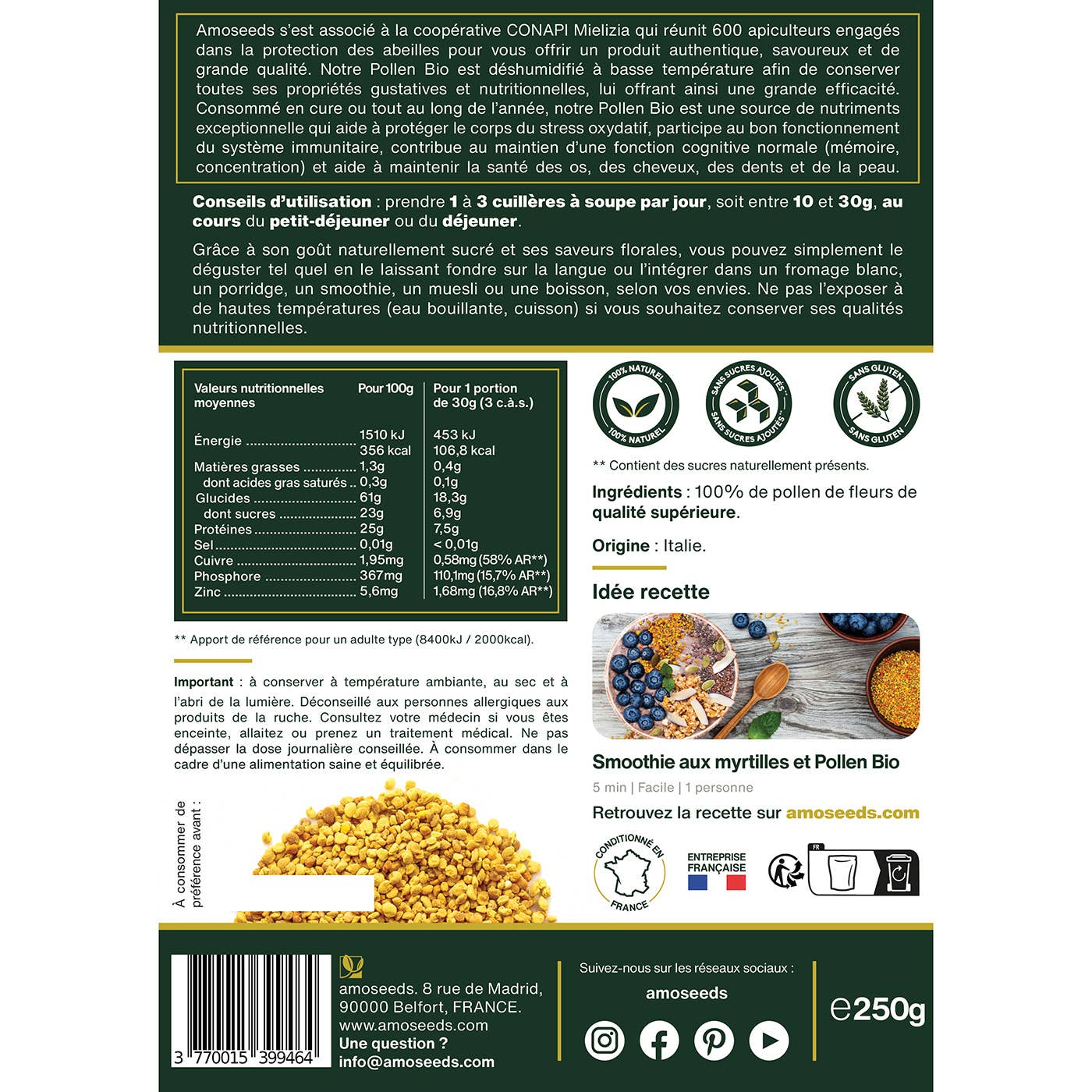 Amoseeds - Vente Poudres protéinées/superaliments - Pollen de Fleurs Bio 250G4
