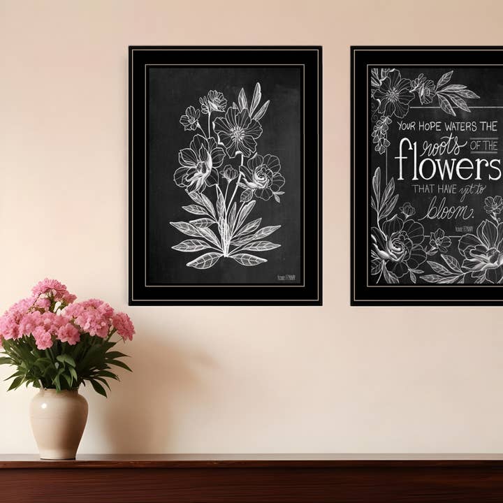 HomeRoots - Wholesale Wall art set - Set Of 2 Vintage Flowers in Bloom Black Frame Print Wall Art0