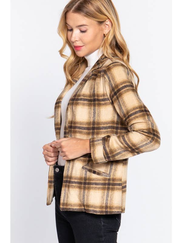 Tpe Taupe brown Long Sleeve Notched Collar Plaid Jacket for wholesale on Faire