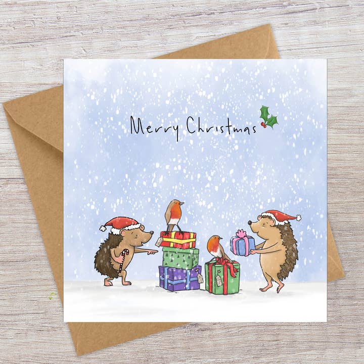 Hedgehogs and Robins - Christmas card for wholesale by Lucy Driver Illustration