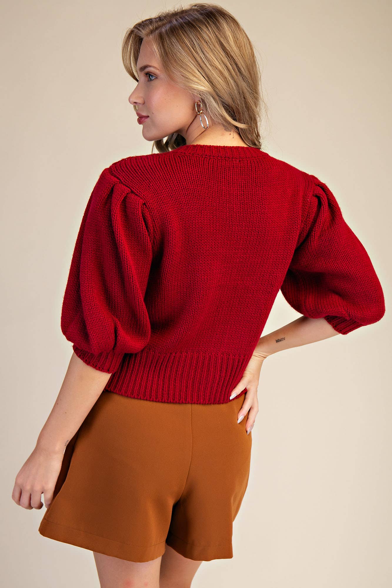 Glam - Wholesale Knit Sweater - Women's - Short Puff Sleeve Button Down Sweater9