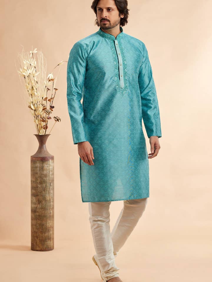 Turkos Jacquard Silke Enkel Rak Kurta Pyjamas för Män för Festival & Bröllop - Broderiarbete för wholesale av HATKE BRIDE