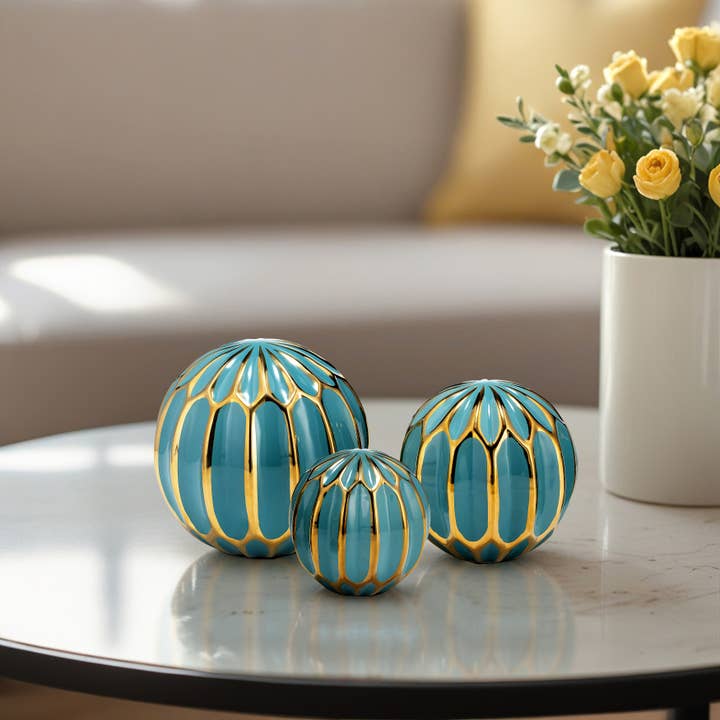 6 x 6 in. Turquoise and Gold Stoneware Decorative Orbs S/3 for wholesale by Sagebrook Home