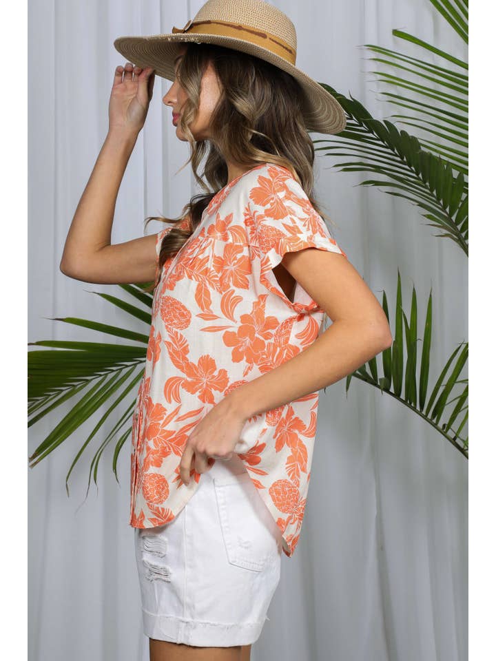 Vine & Love - Wholesale Button Down Shirt - Women's - Floral Pineapple Henley Neck Roll-Up Shirt Top VT82331A6