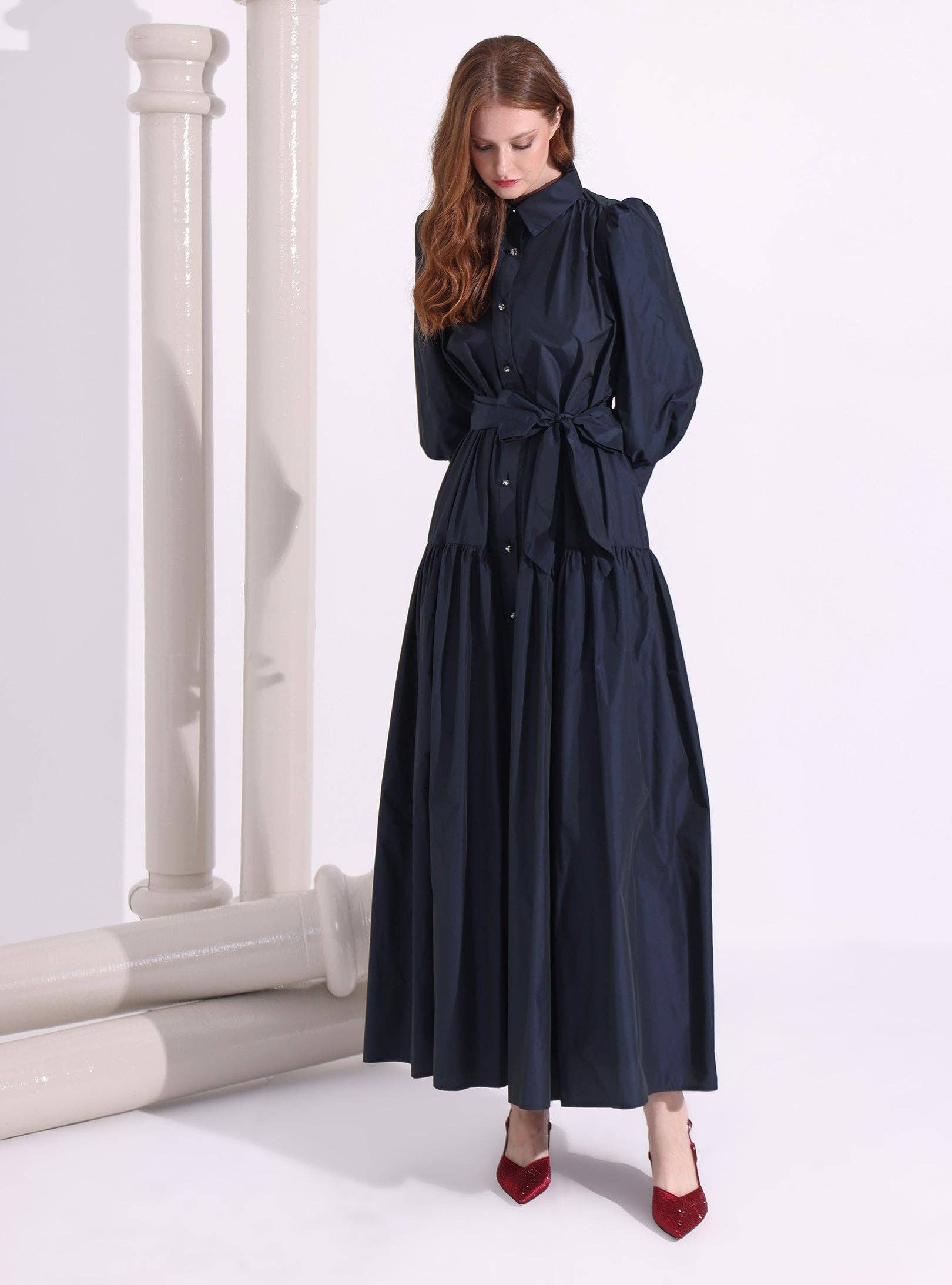 Store WF – wholesale Dress – Women's – Navy Taffeta Cristal Button Maxi Dress4