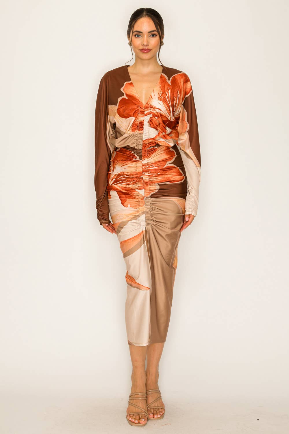 NAVY COMBO BD4049_Front Ruched V-Neck Midi Dress for wholesale on Faire8