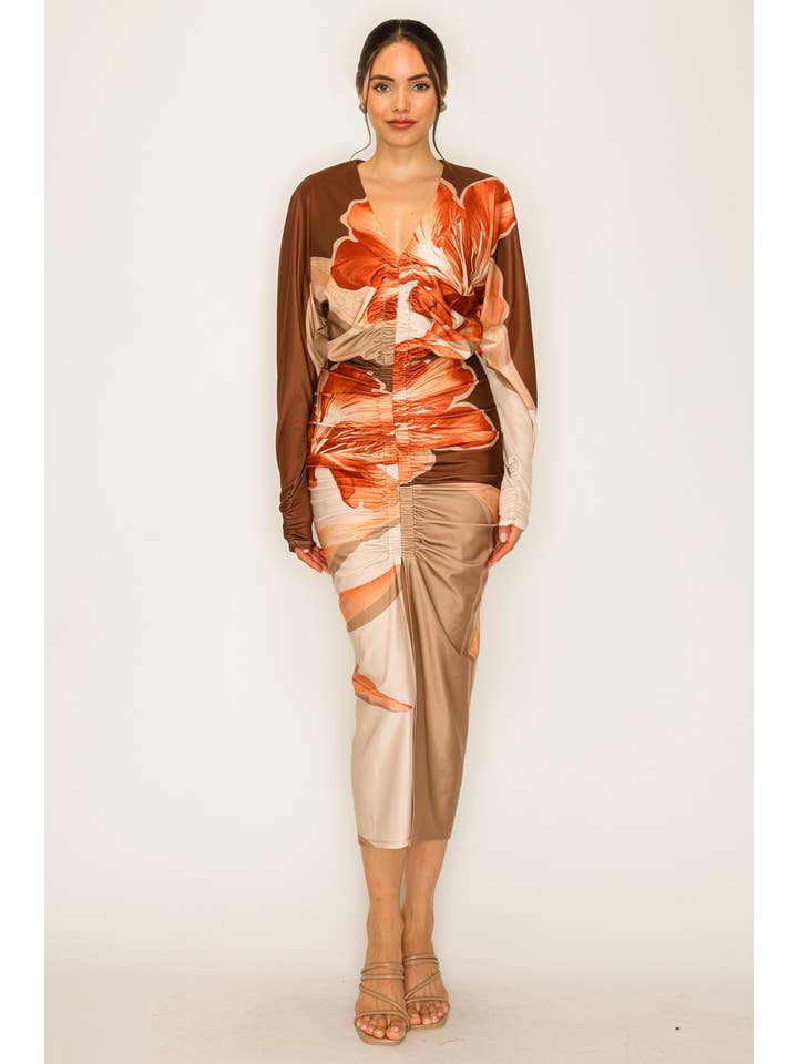 NAVY COMBO BD4049_Front Ruched V-Neck Midi Dress for wholesale on Faire8