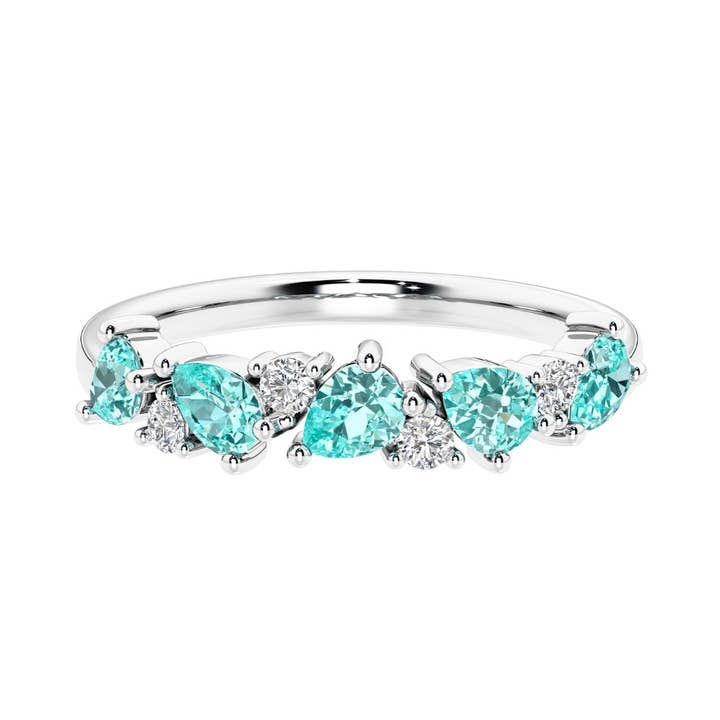 Anello a 9 pietre in oro 14k con tormalina Paraiba a forma di pera e diamanti per la vendita all'ingrosso da parte di DV Custom Jewelry USA