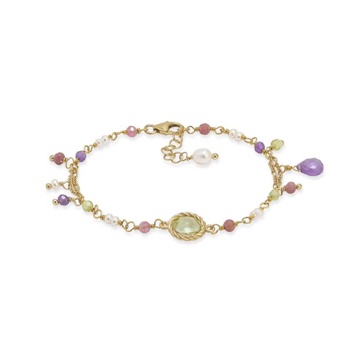 Bracelet with green Amethyst centerpiece and mixed natural stones | Rose for wholesale by ISHWARA JEWELS