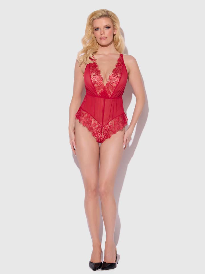 House of Desire - Wholesale Lingerie Bodysuit - Women's - MILA EYELASH LACE STRAPPY LONGLINE BRA & TANGA SET