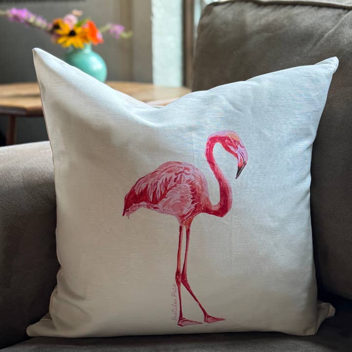 Goose and Willow - Wholesale Throw/Decorative Pillow - Throw Pillow - Flamingo on Linen Cotton1