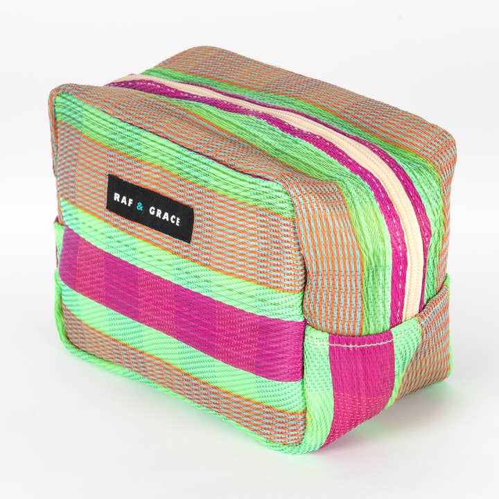 Green/Pink Striped Recycled Plastic Wash Bag for wholesale by Raf & Grace