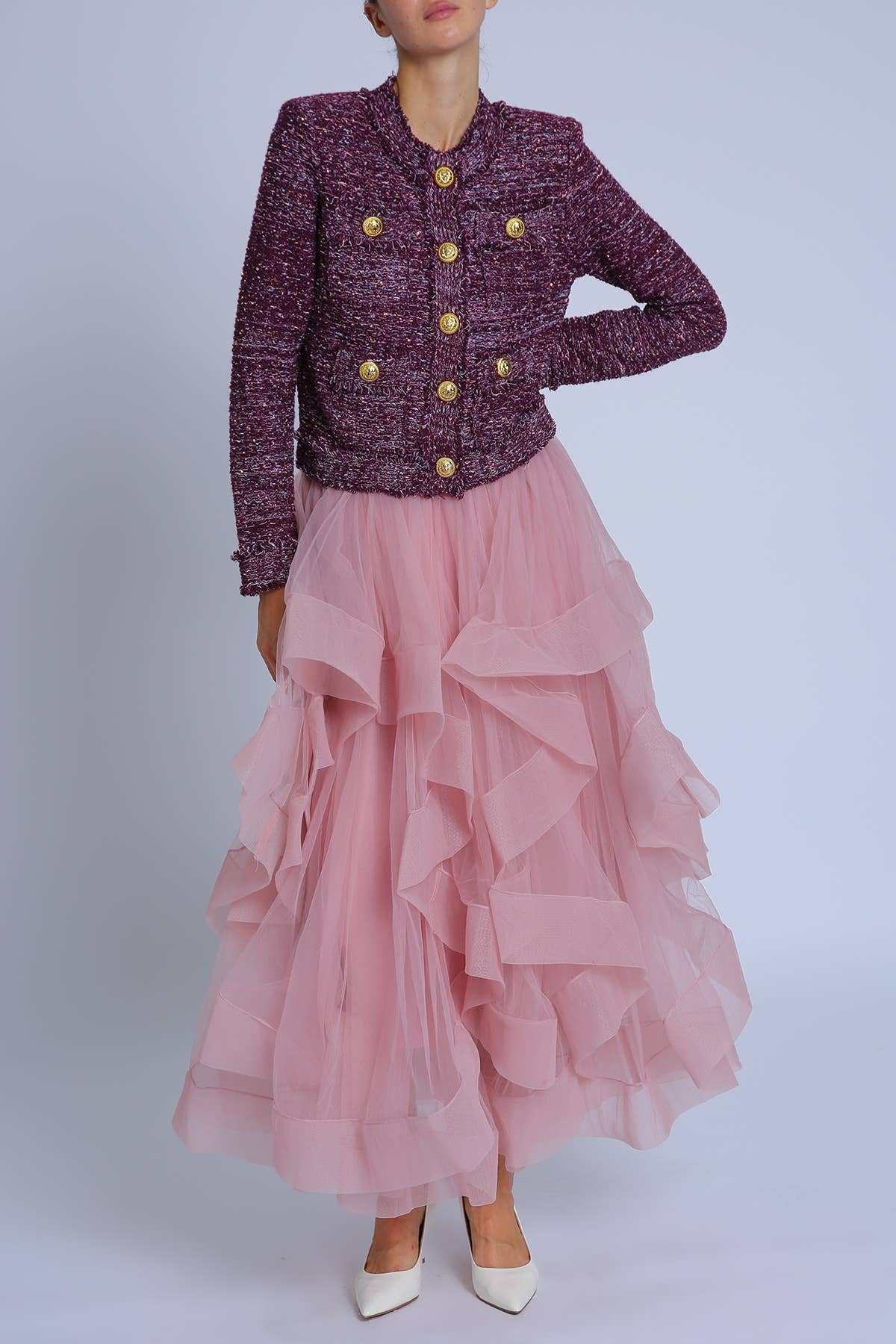 Plum Fringe Trim Detail Tweed Jacket PC4187 for wholesale on Faire4