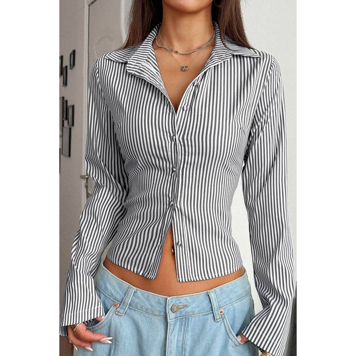 Supreme Fashion - Wholesale Blouse - Women's - Button Down Striped Slim Fit Long Sleeve Blouse