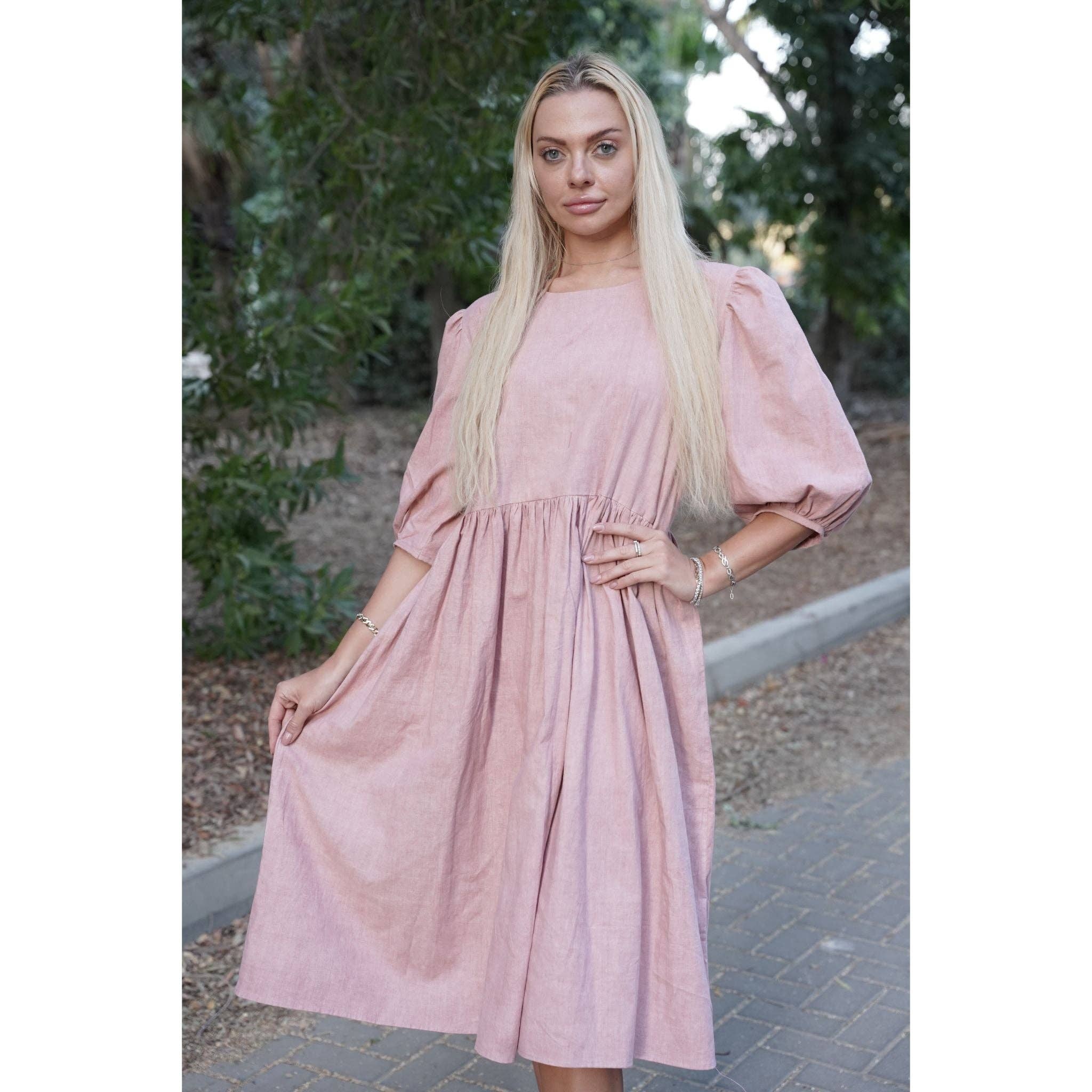 hybella – Engroshandel Kjole - Dame – Midi Natural Peach Frugt farvestof Khadi Zero Affald Smock1