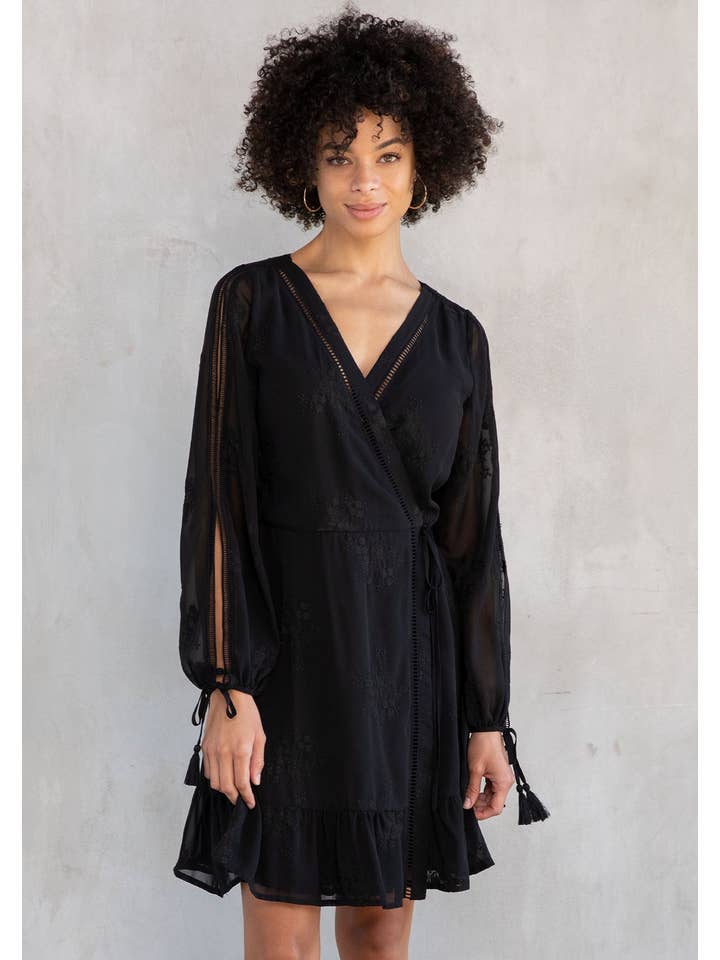 Lovestitch - Wholesale Dress - Women's - Sheer Chiffon Embroidered Long Sleeve Wrap Dress