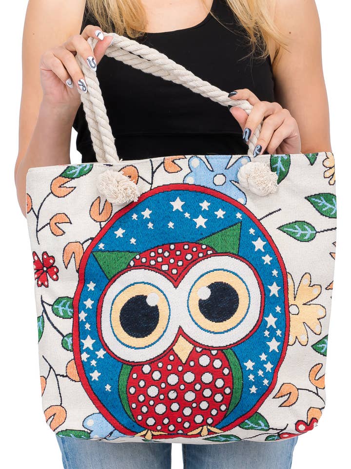 Owl Big Eye Tapestry Rope Handle Tote Bag for wholesale by Cap Zone