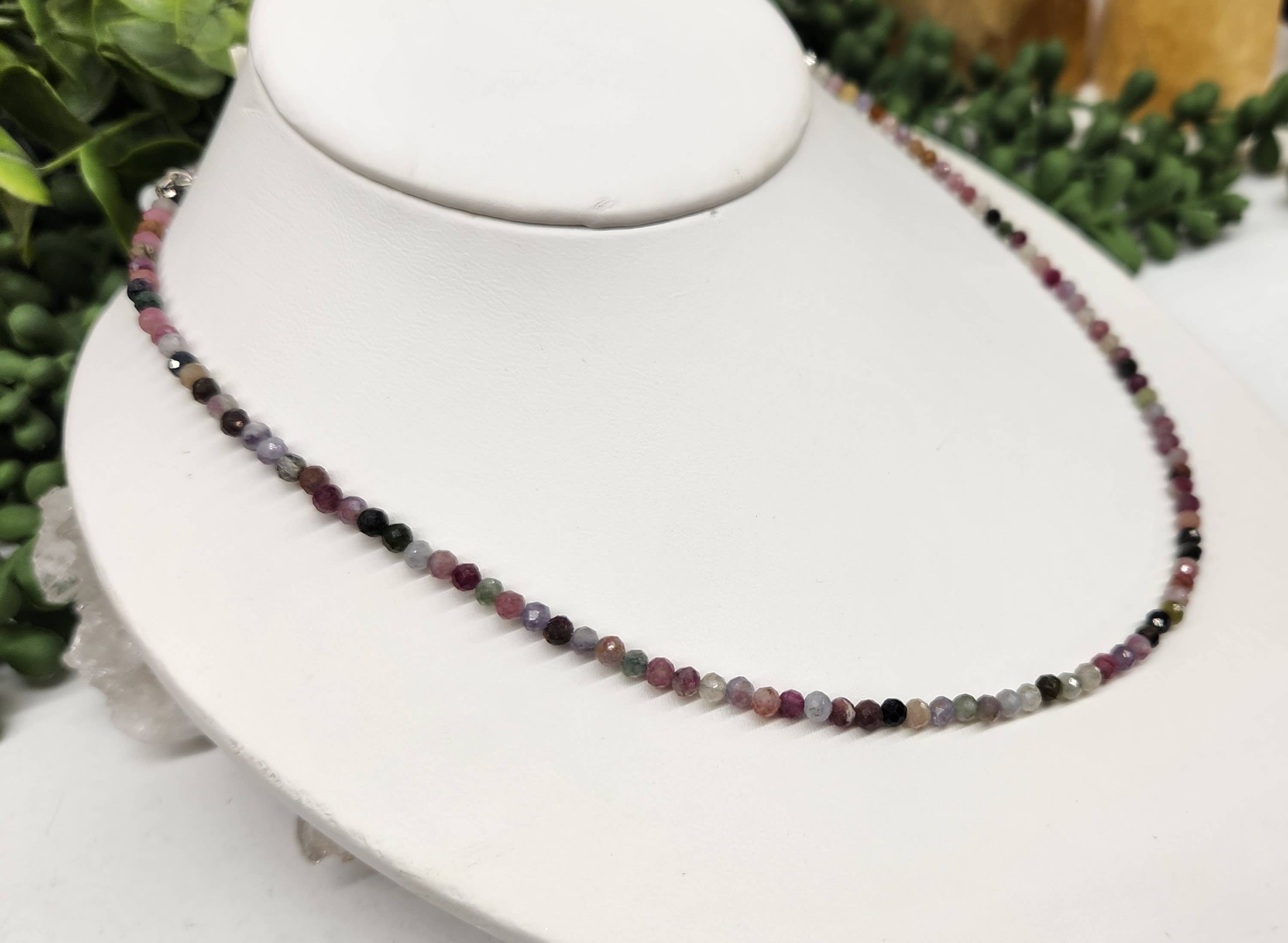 Meraki Gemstones - Wholesale Beaded/Pearl Necklace - Watermelon Tourmaline Necklace w/Silver Color Findings, 17"L4