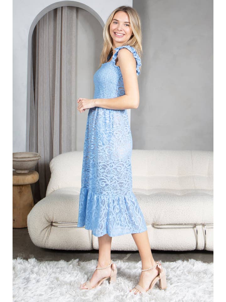 Loven x Mini Momo – Großhandel Kleid – Damen – Gemmoktes Spitzenkleid, ärmelloses Midikleid mit Tasche und Sommerrüschen7