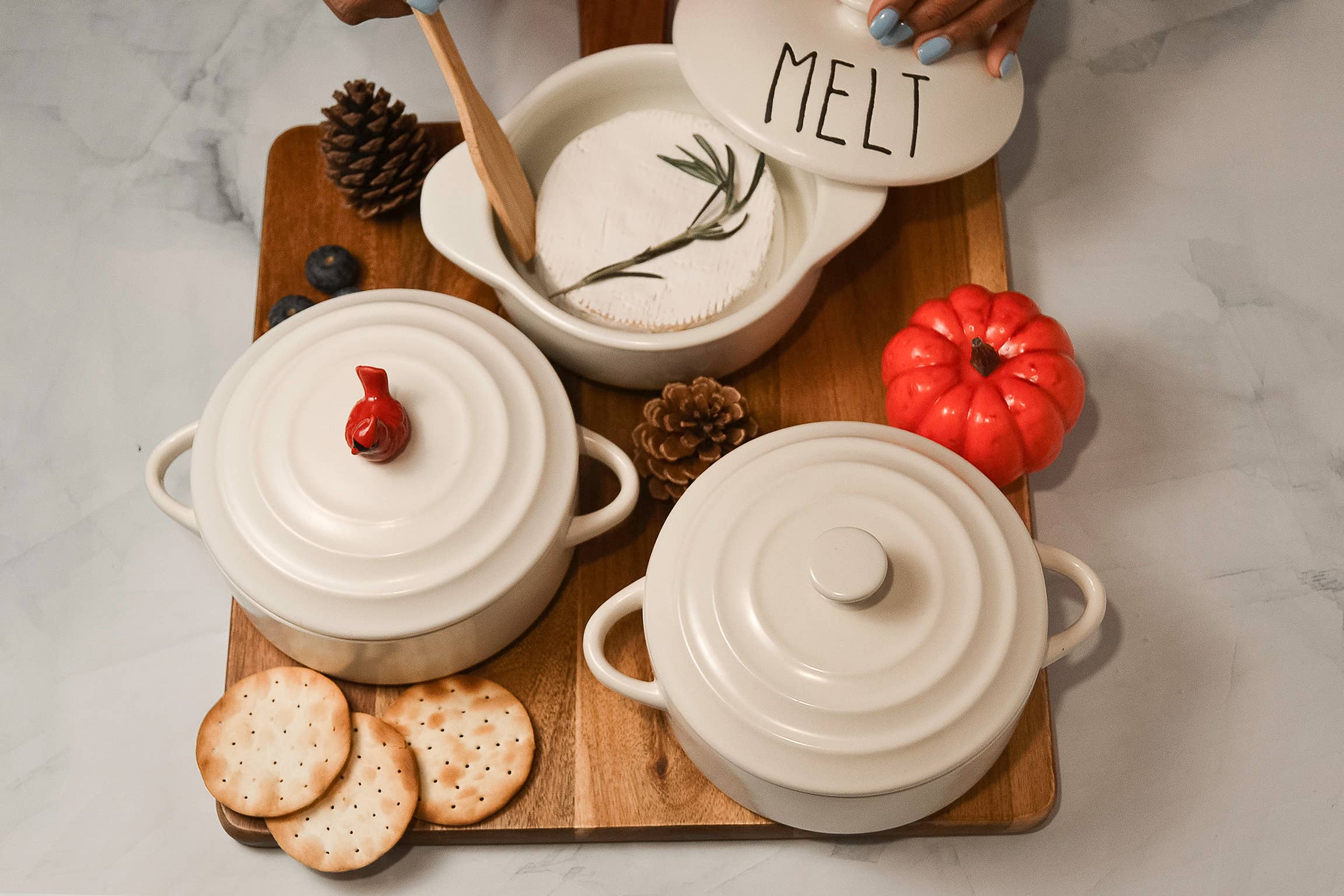 Wild Eye Designs - Wholesale Cookware Set - Brie Baker, Cream, Bamboo Spreader, Cardinal2