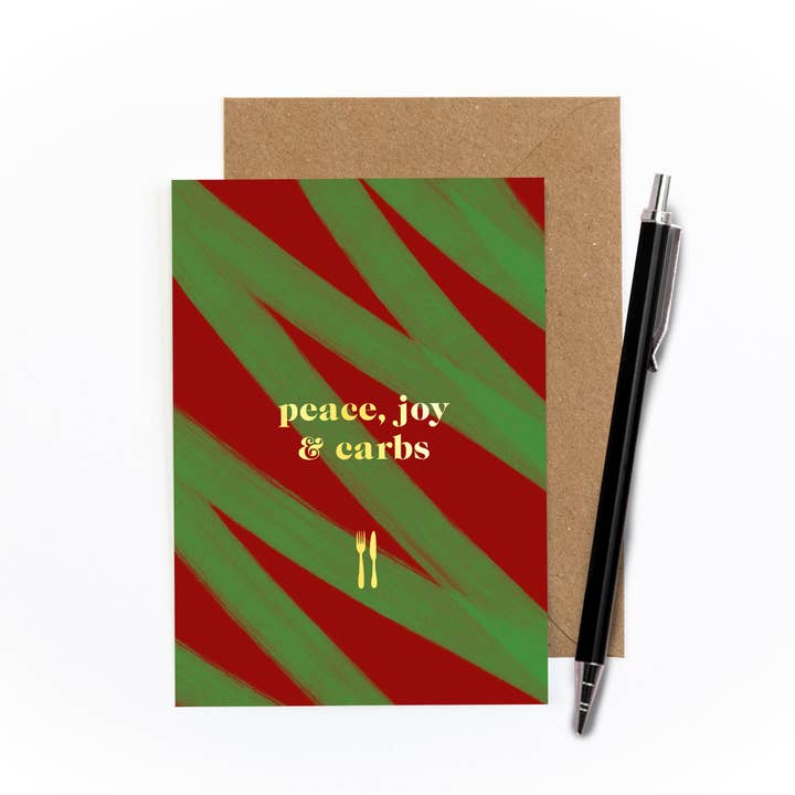 Tarjeta de Navidad frustrada de paz, alegría y carbohidratos para venta al por mayor de Amy Illustrates