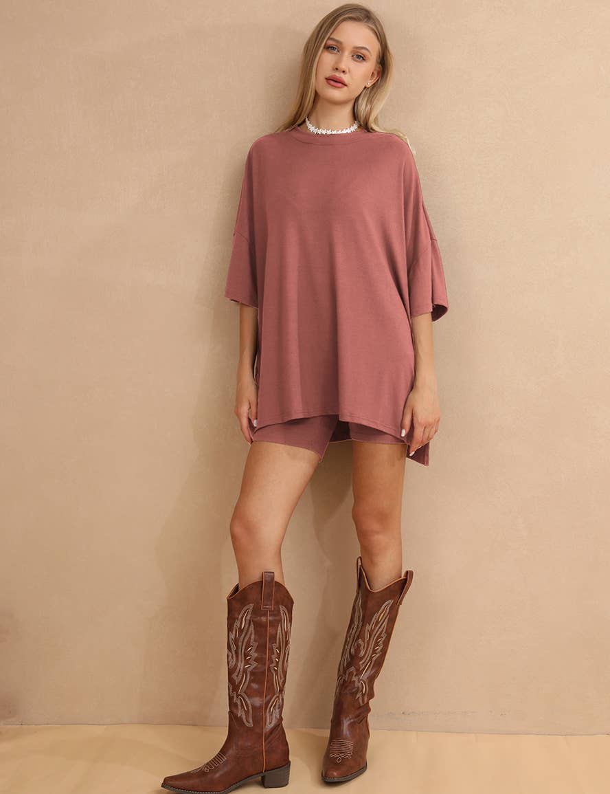 Sweetkama - Wholesale Lounge Set - Women's - Ladies Loose Top and Shorts 2PCS Casual Tee Set SKST231297