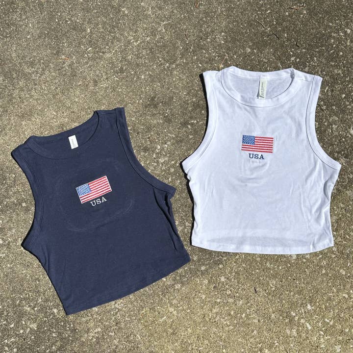 Rags Revived - Wholesale Tank Top - Women's - USA Embroidered Cropped Tank Top 4th of July